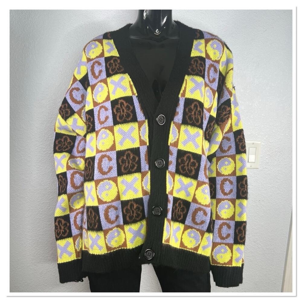 COLLUSION Unisex Knit Brushed Mixed Jacquard Cardigan Black Purple Yellow Sz 2XL